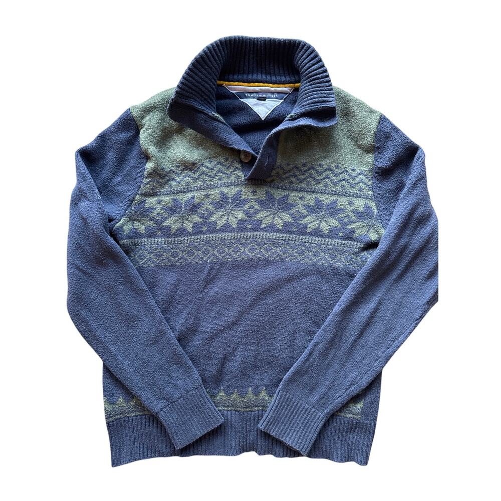 Tommy Hilfiger Medium Quarter Button Green Navy Blue Pattern Knit Sweater